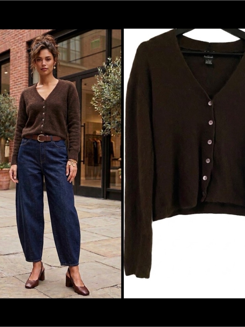 Vintage INC Angora Rabbit Hair Chocolate Brown Cropped Preppy Sweater Cardigan L
